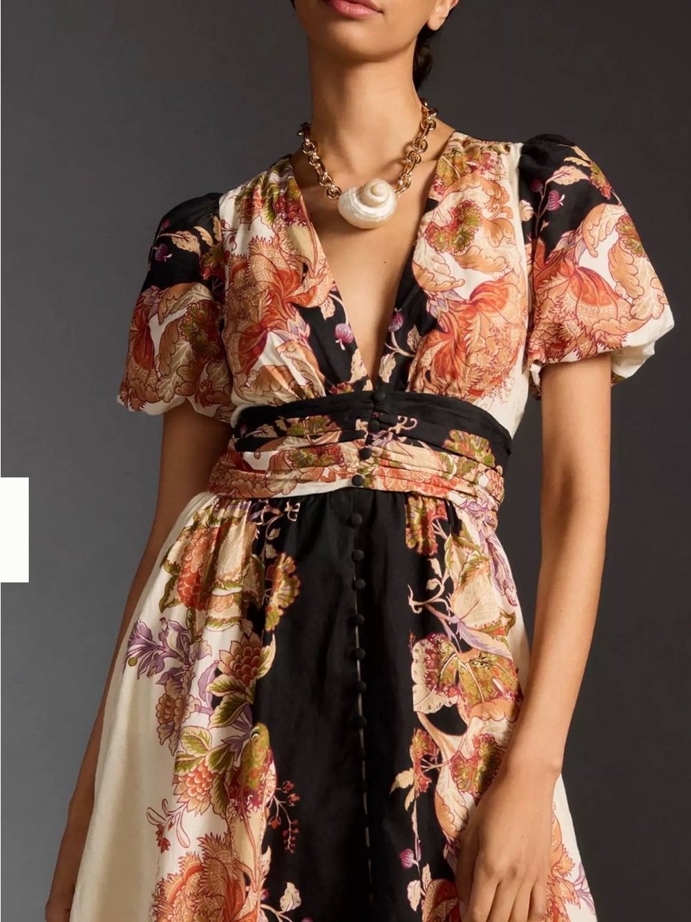 Anthropologie Black, Cream & Pink Floral Midi Dress